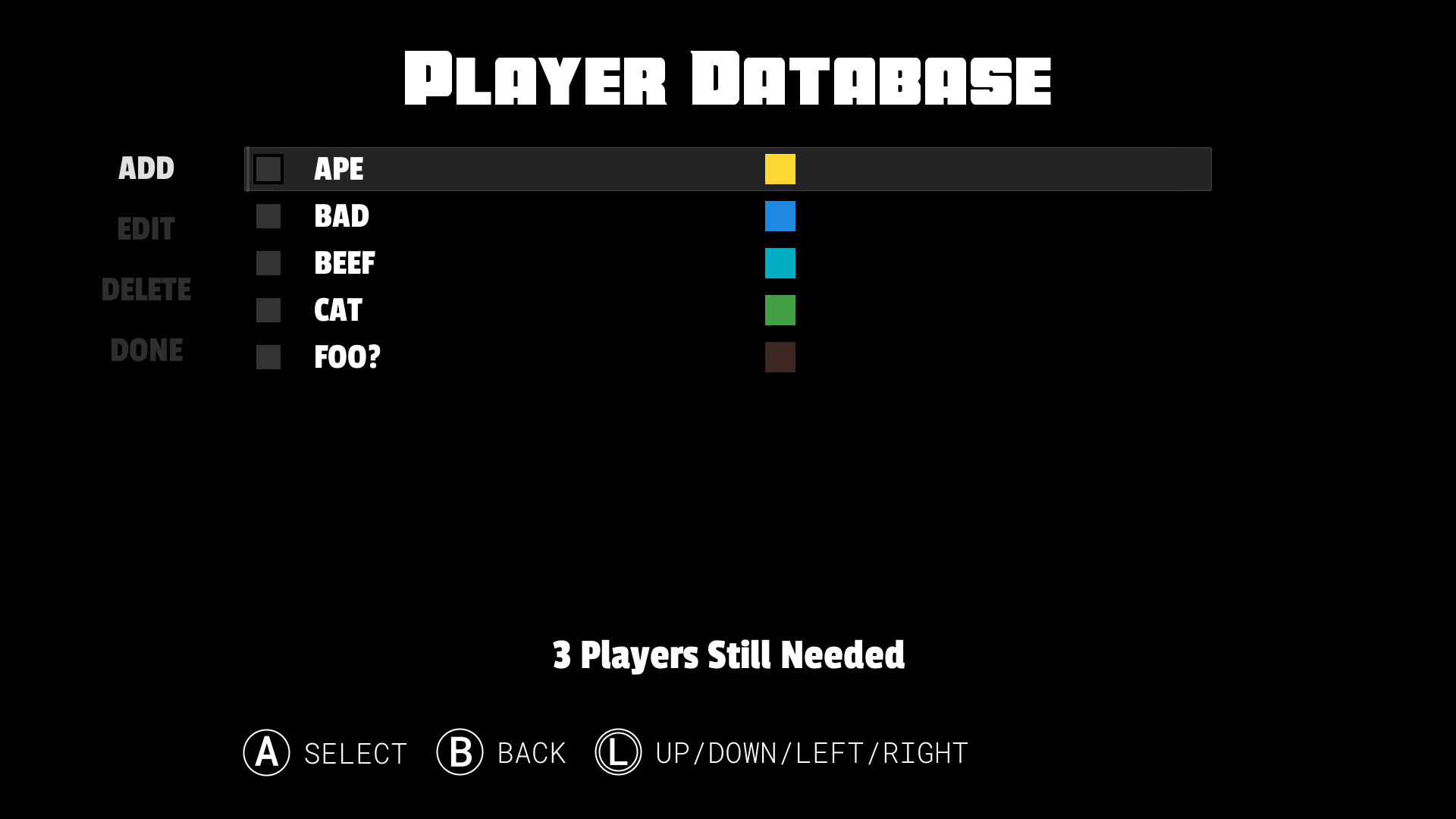 Player database screen